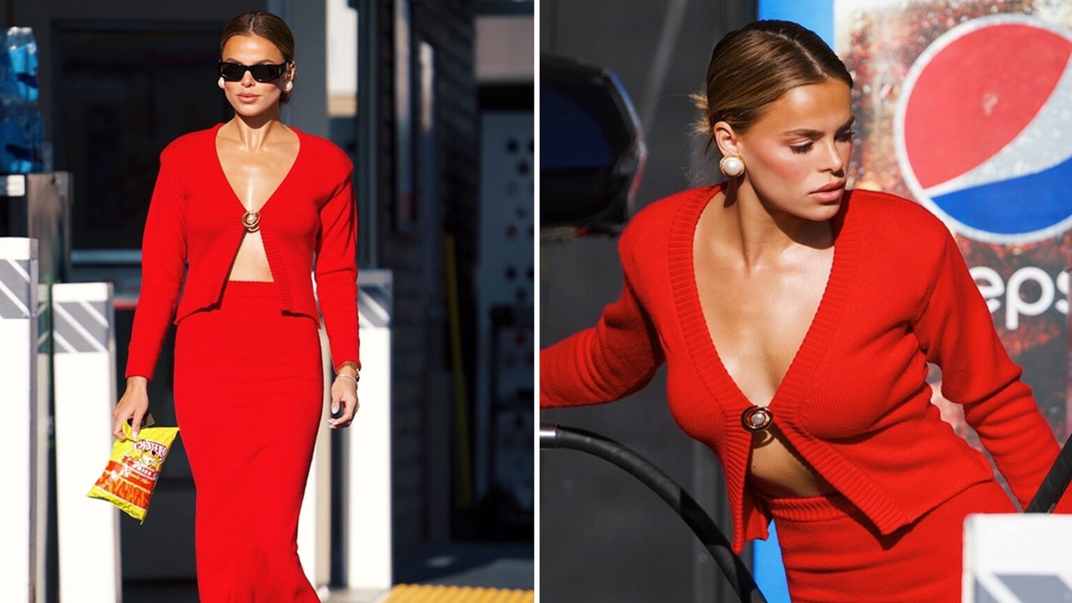 Brooks Nader Wears Red-Hot Two-Piece Set for Gas Station Run