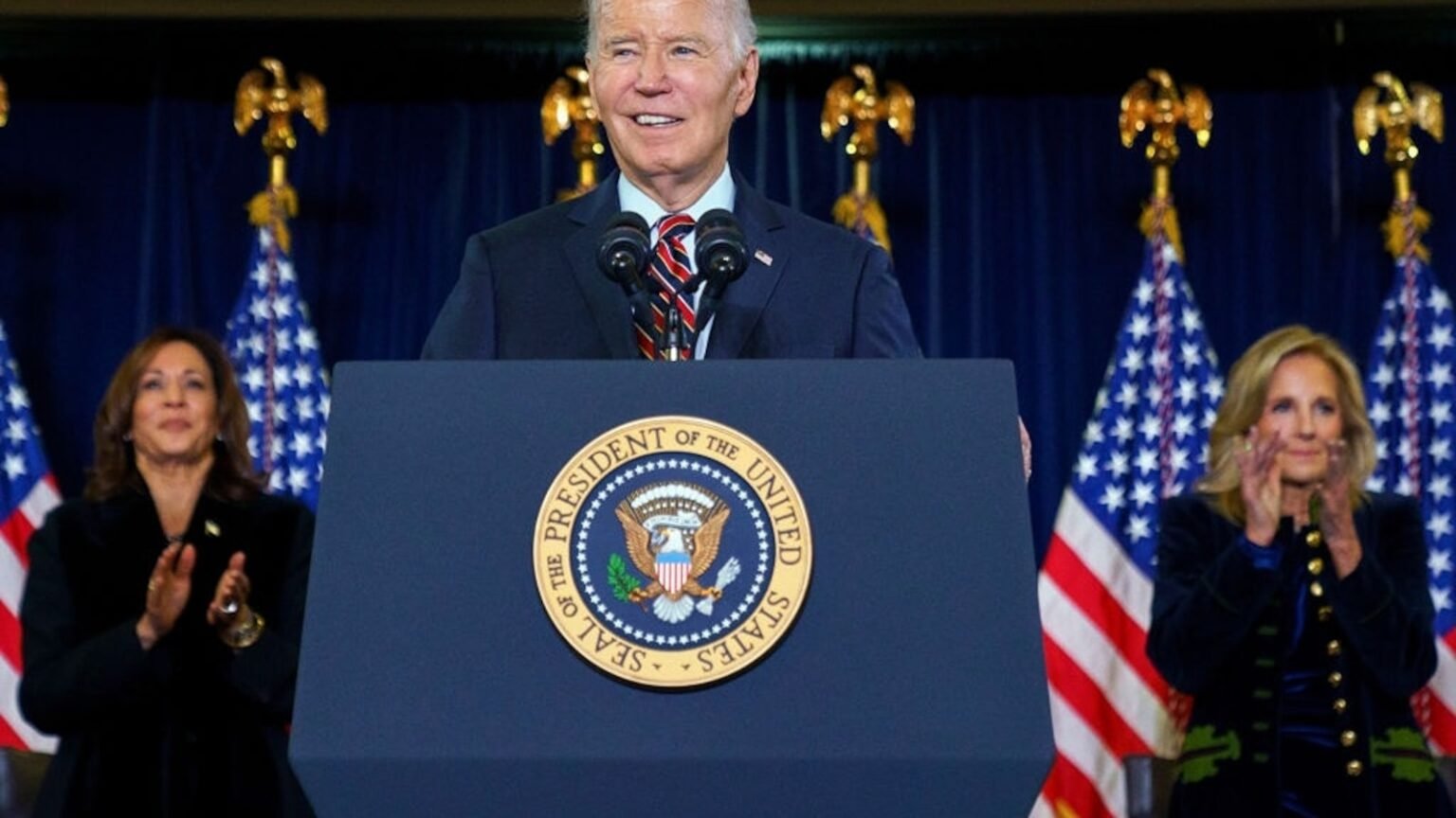 Biden and Harris urge Democrats to ‘keep the faith’ at DNC holiday reception