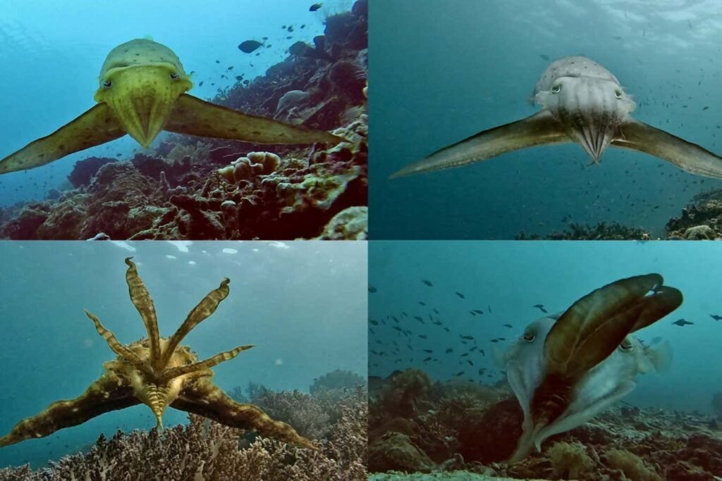 Watch a cuttlefish transform into a leaf and a coral to hunt its prey